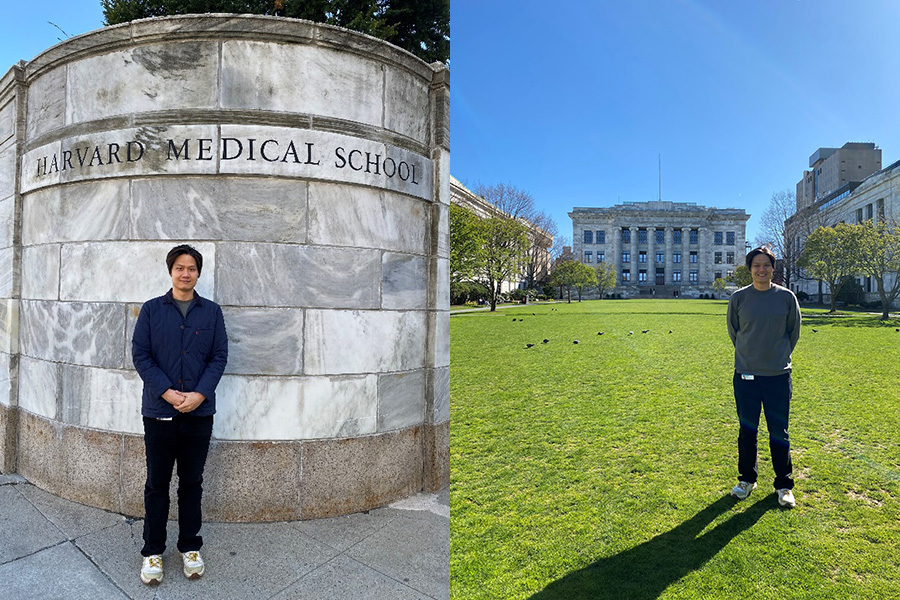  Harvard Medical Schoolの正門(左)と広場(右)の写真